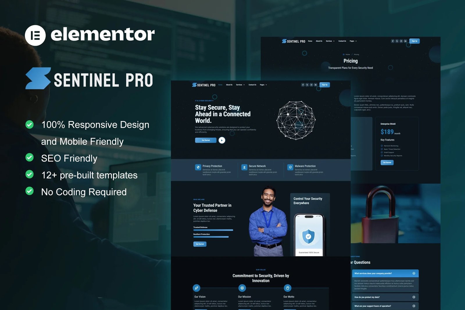 Sentinel - Kit de plantillas Elementor Pro para servicios de ciberseguridad
