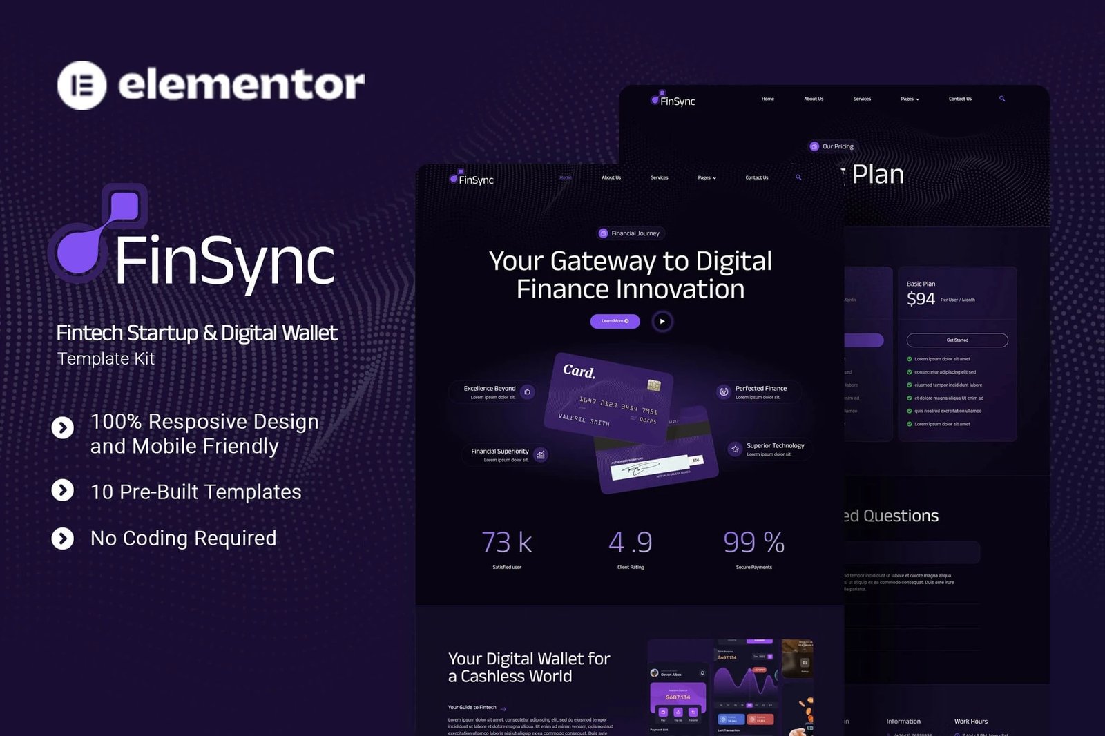 FinSync - Kit de plantillas Elementor para startups y monederos digitales de fintech