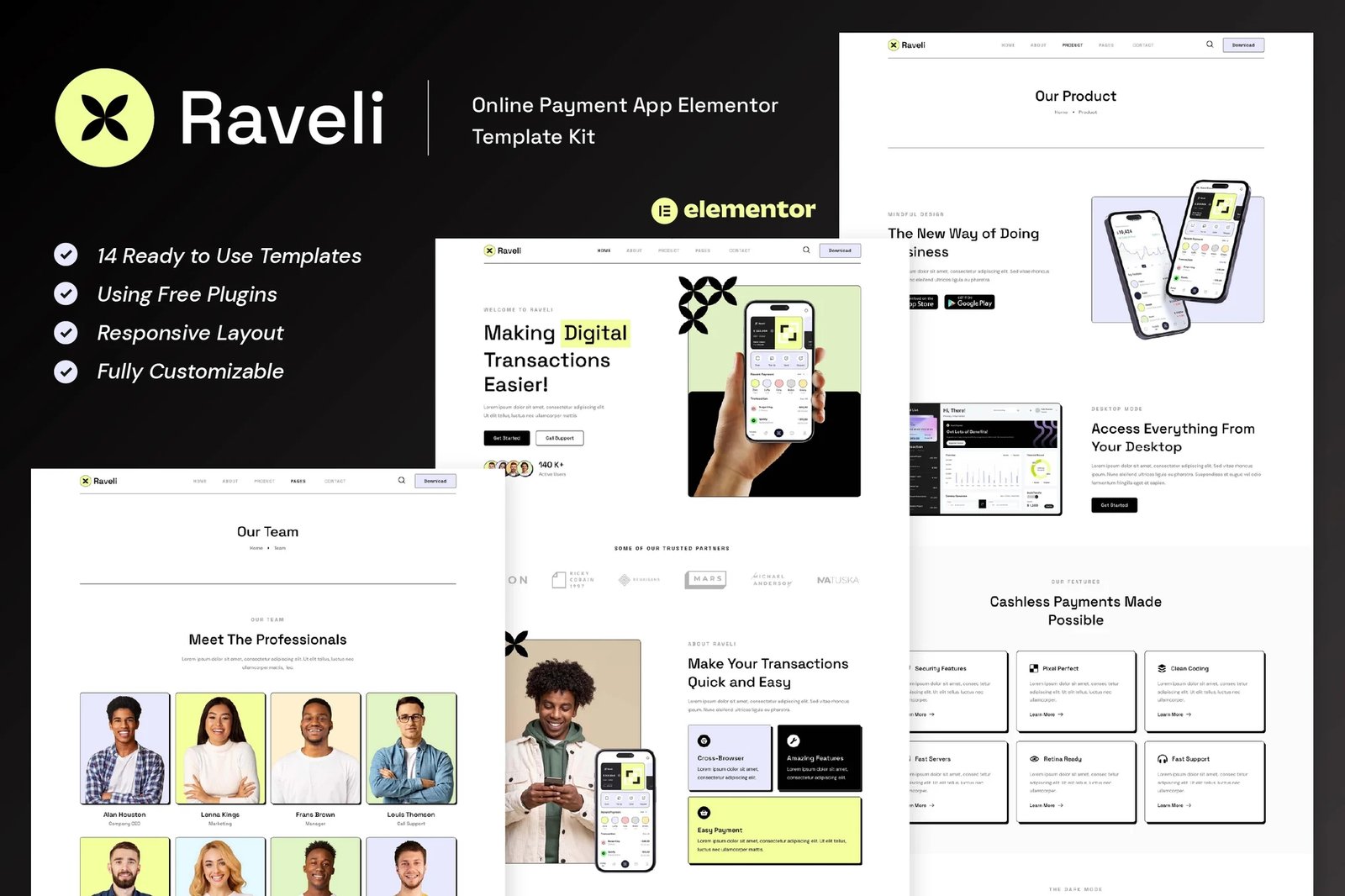 Raveli - Kit de Plantillas Elementor para Aplicaciones de Pagos en Línea