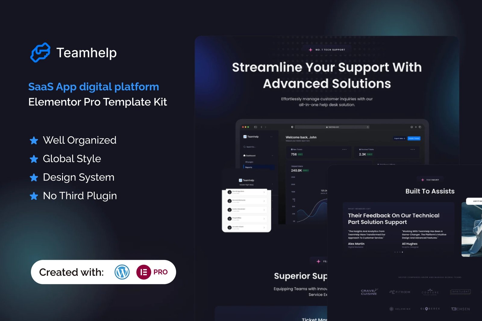 Teamhelp - Kit de plantillas SaaS Elementor Pro para mesa de ayuda