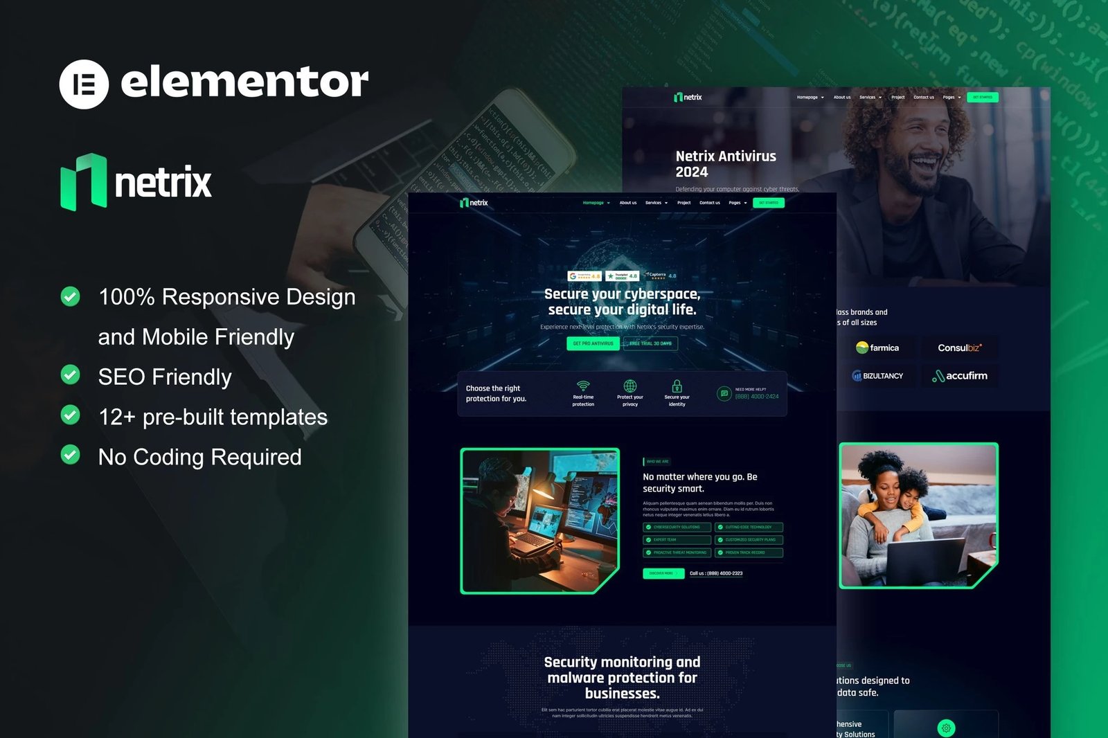 Netrix - Kit de plantillas Elementor para servicios de ciberseguridad