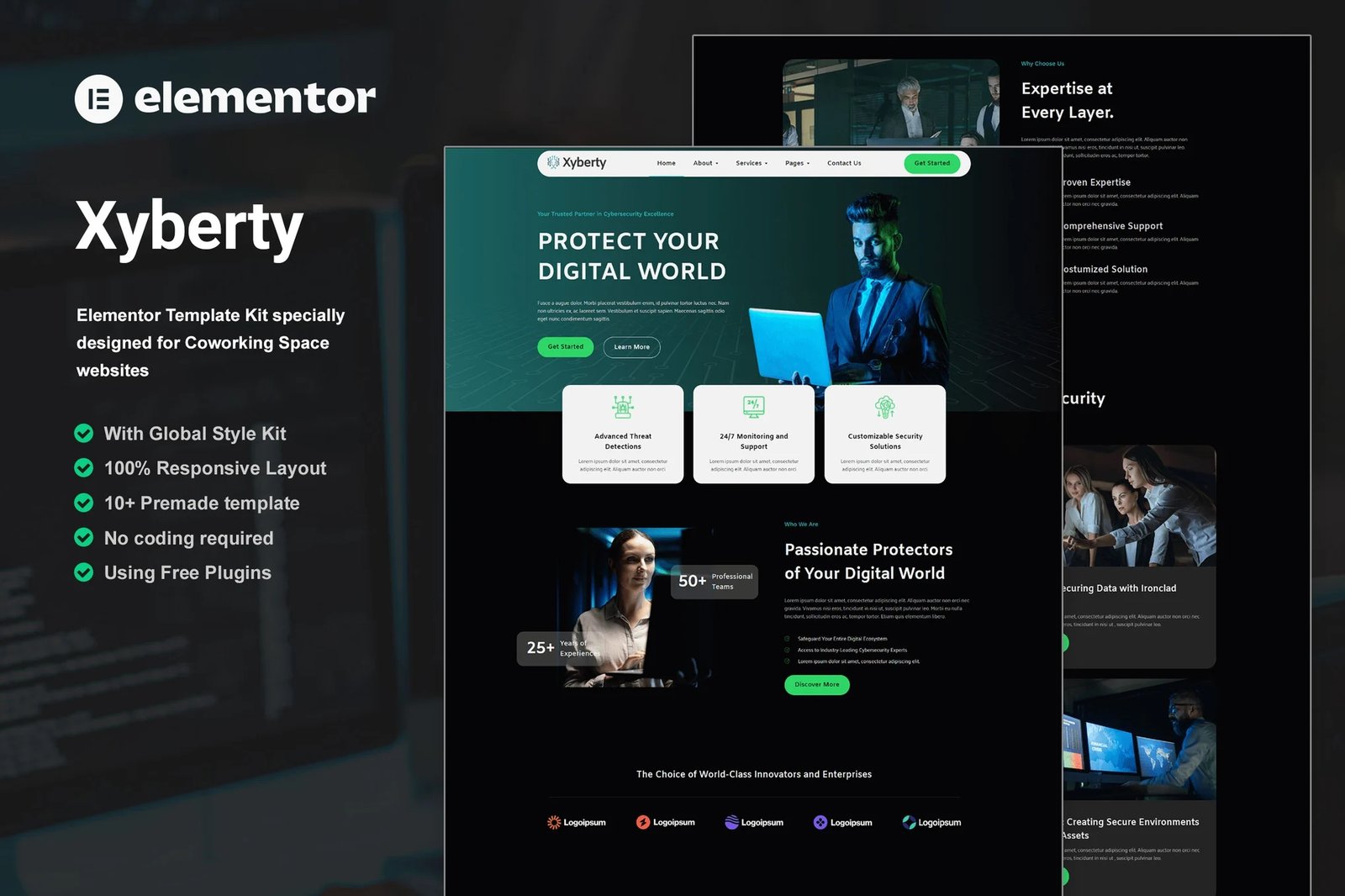 Xyberty - Kit de plantillas Elementor para ciberseguridad