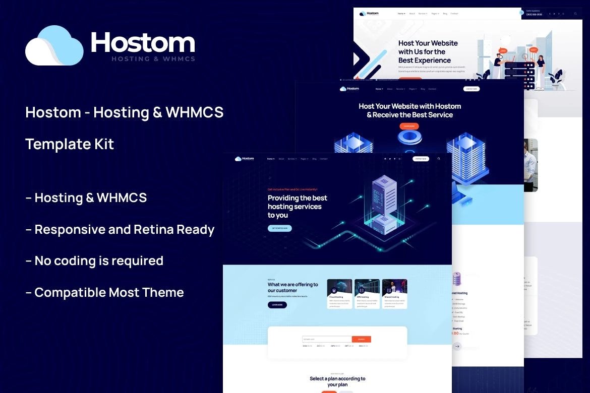 Hostom - Kit de Plantillas Elementor para Hosting y WHMCS