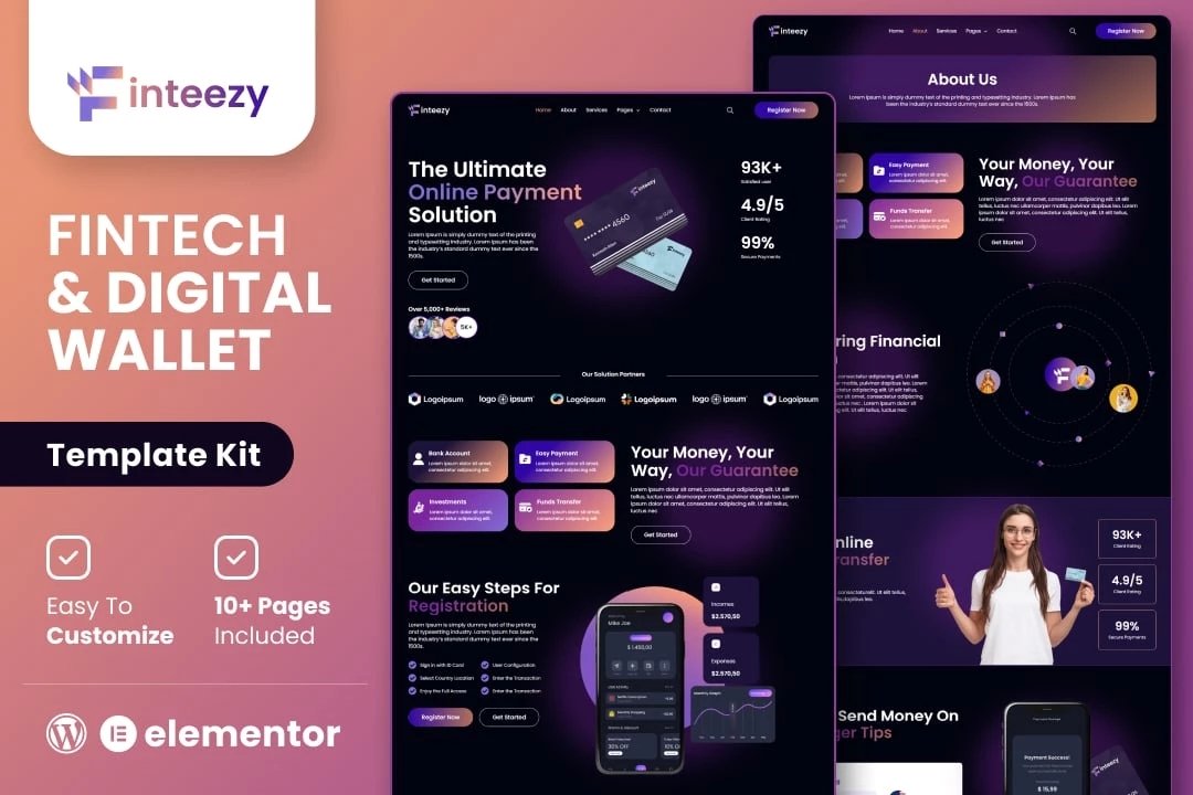 Finteezy - Kit de plantillas Elementor para startups y carteras digitales de Fintech