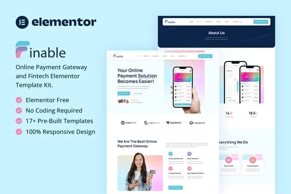 Finable - Kit de plantillas Elementor para pasarelas de pago en línea y Fintech