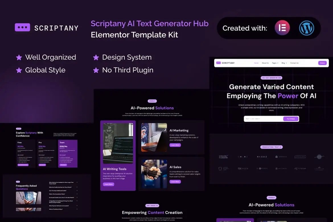 Scriptany - Kit de plantillas Elementor Pro para AI Text Generator Hub