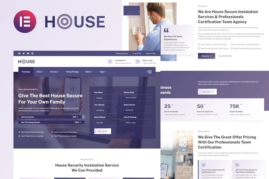 Housec - Template Kit Elementor para el servicio de seguridad del hogar inteligente
