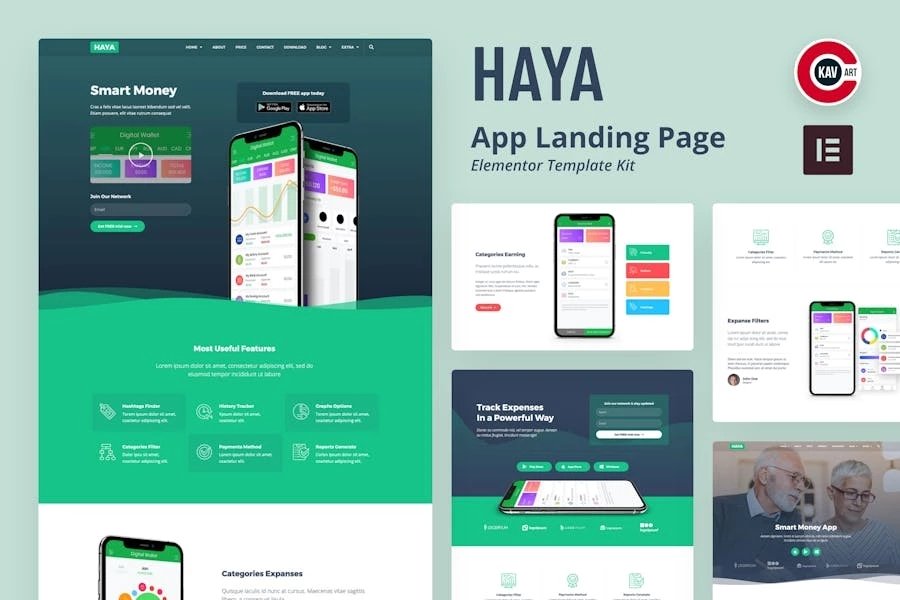 Haya - Template Kit Elementor de inicio de Aplicación