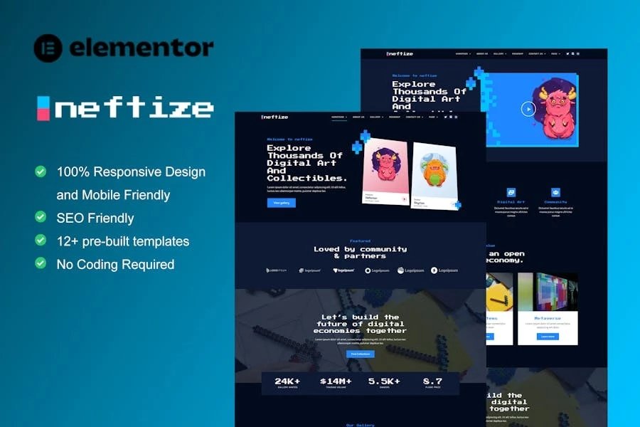 Neftize - Kit de plantillas Elementor para portafolios NFT y artículos digitales
