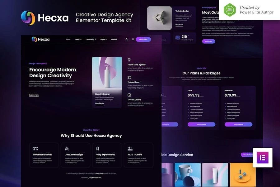 Hecxa Kit de plantillas Elementor para Agencia de Diseño Creativo