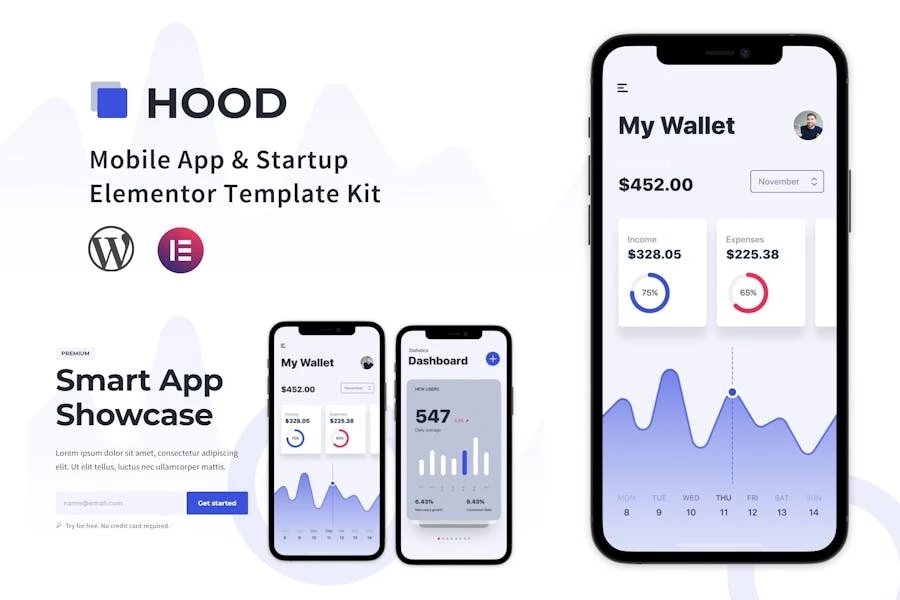 Hood - Template Kit Elementor para Aplicación móviles y startups