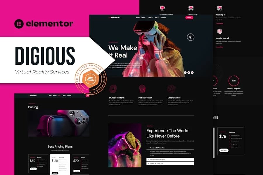 Digious - Template Kit Elementor de servicios de realidad virtual