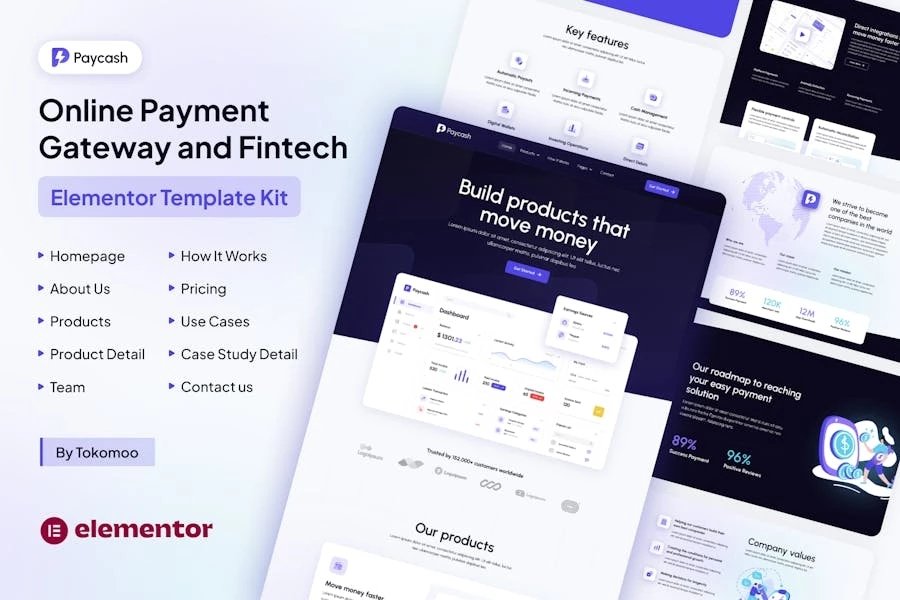 Paycash pasarela de pago en línea y Template Kit Fintech Elementor