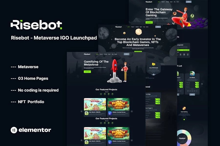 Risebot - Template Kit Elementor de Metaverse IGO Launchpad