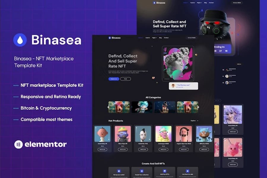 Binasea - Template Kit Elementor de NFT Marketplace