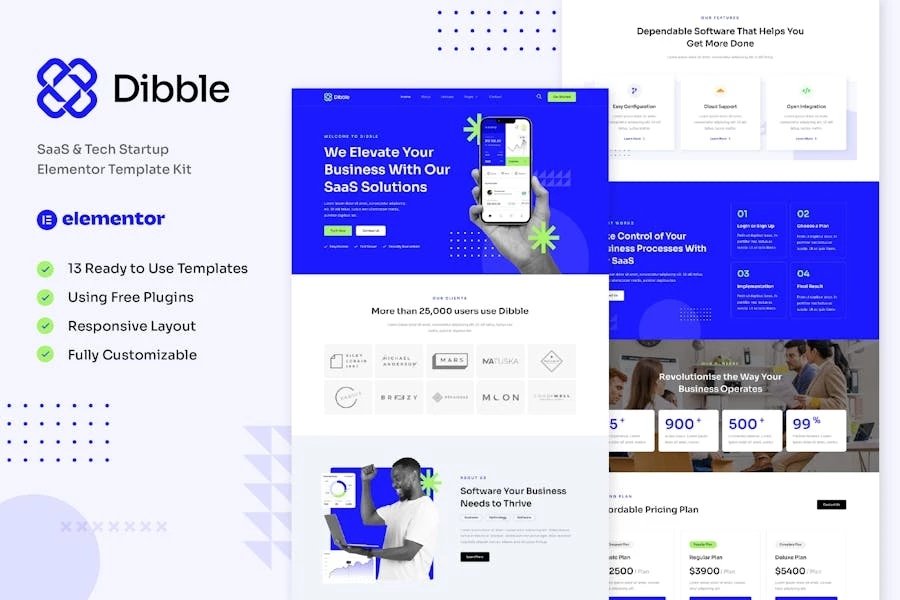 Dibble - Template Kit Elementor para empresas emergentes de SaaS y tecnología
