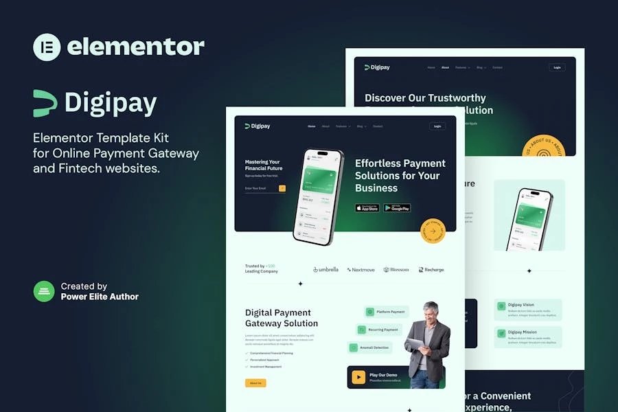 Digipay pasarela de pago en línea y Template Kit Fintech Elementor