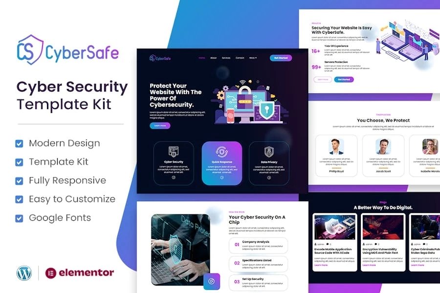CyberSafe - Template Kit Elementor para servicios de ciberseguridad