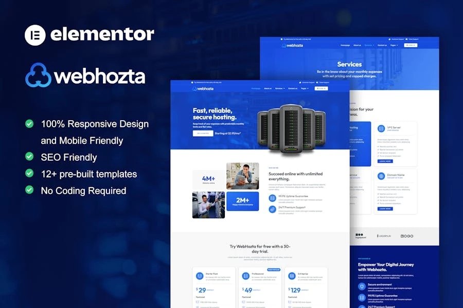WebHozta - Kit de plantillas Elementor para servicios de alojamiento