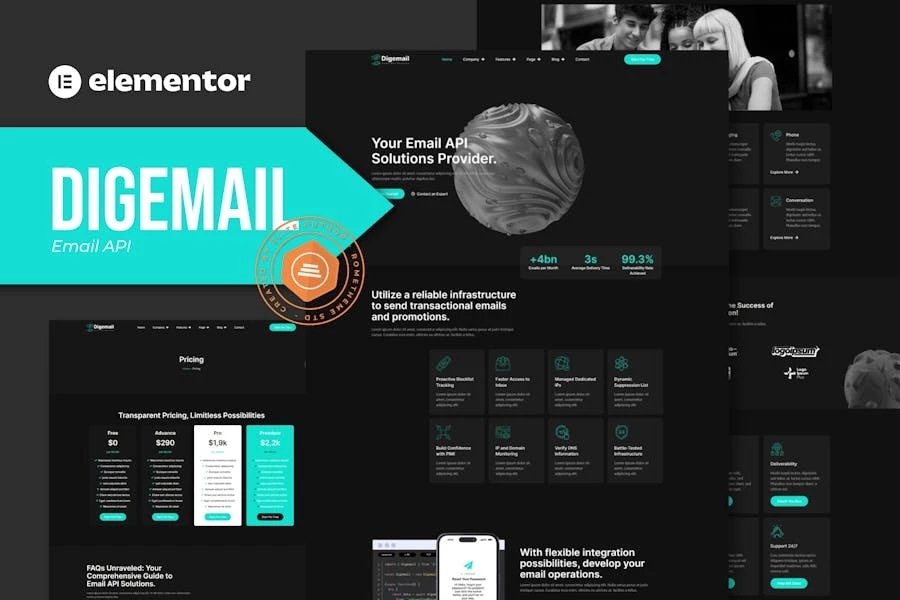 Digemail - Kit de plantillas Elementor Pro de soluciones y servicios de API