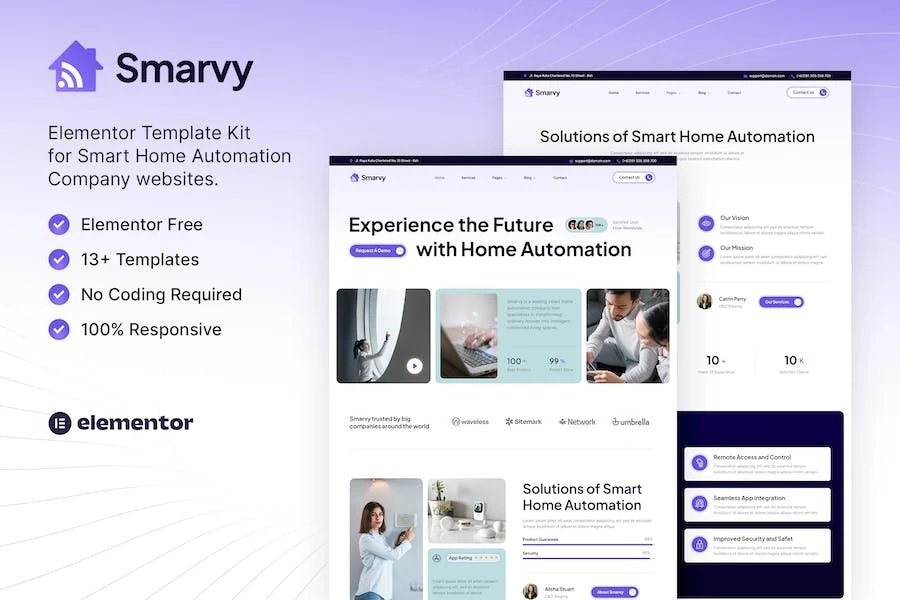 Smarvy Kit de plantillas Elementor para empresas de automatización del hogar inteligente