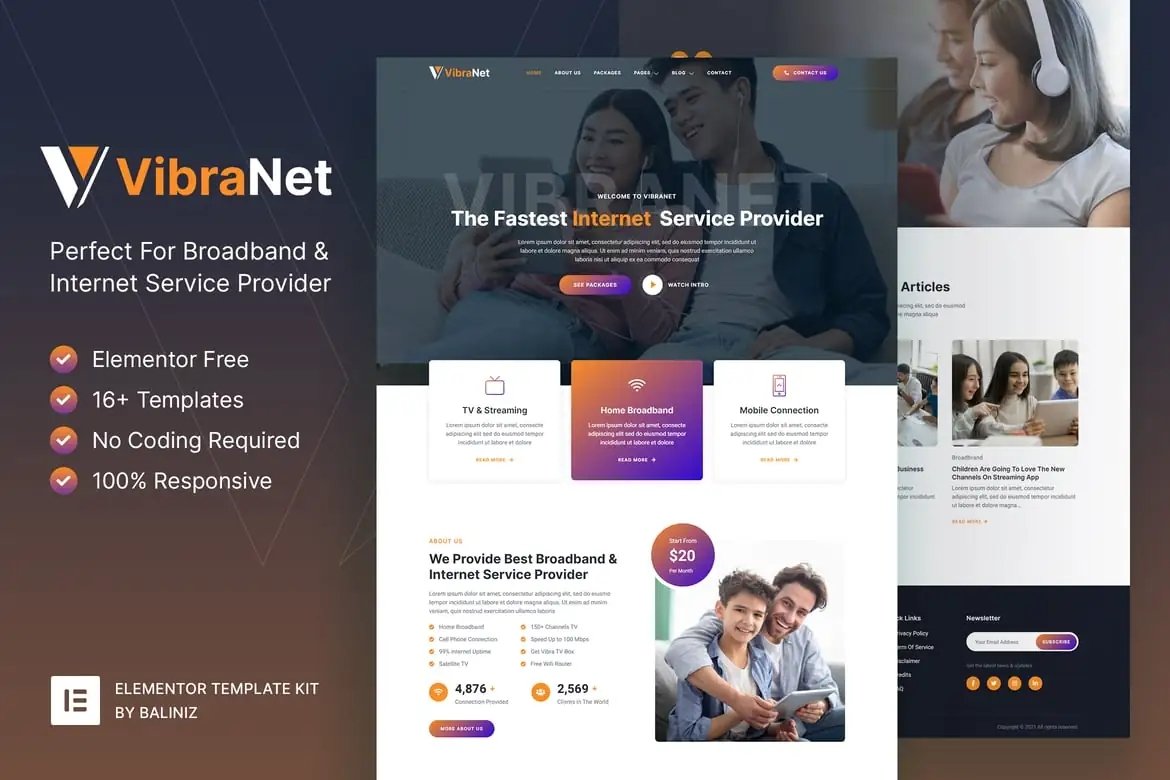 Vibranet Template Kit Elementor para proveedores de servicios de Internet y banda ancha