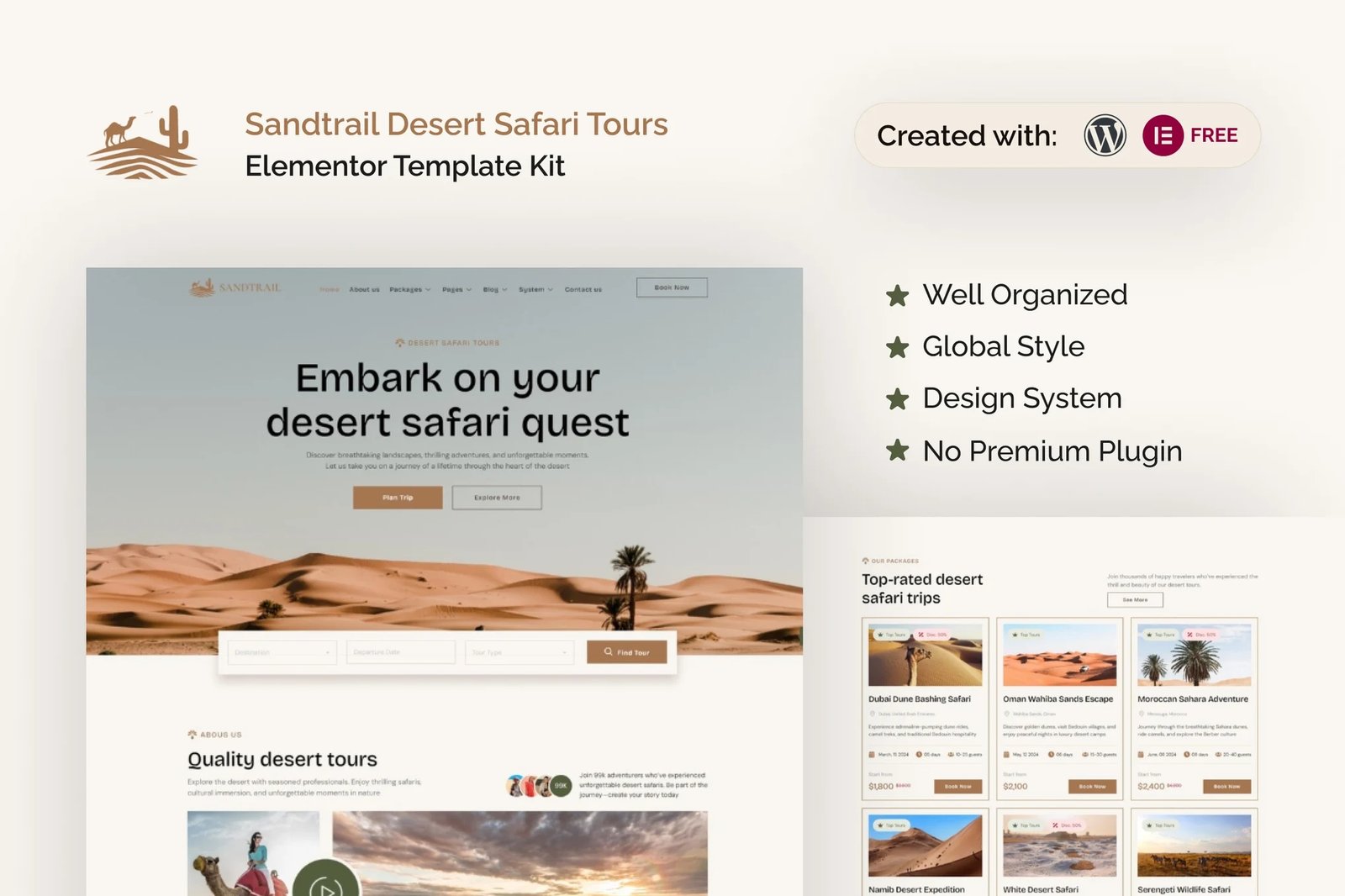 Sandtrail - Kit de plantillas Elementor para Desert Safari Tours