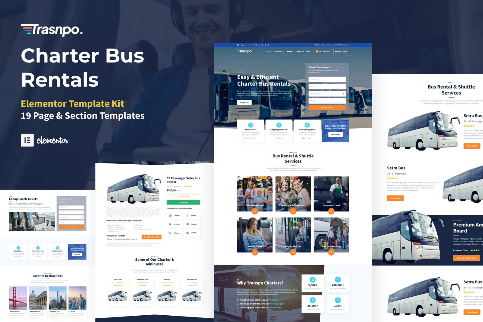 Kit de plantillas Elementor Pro de Transpo para empresas de alquiler de autobuses chárter