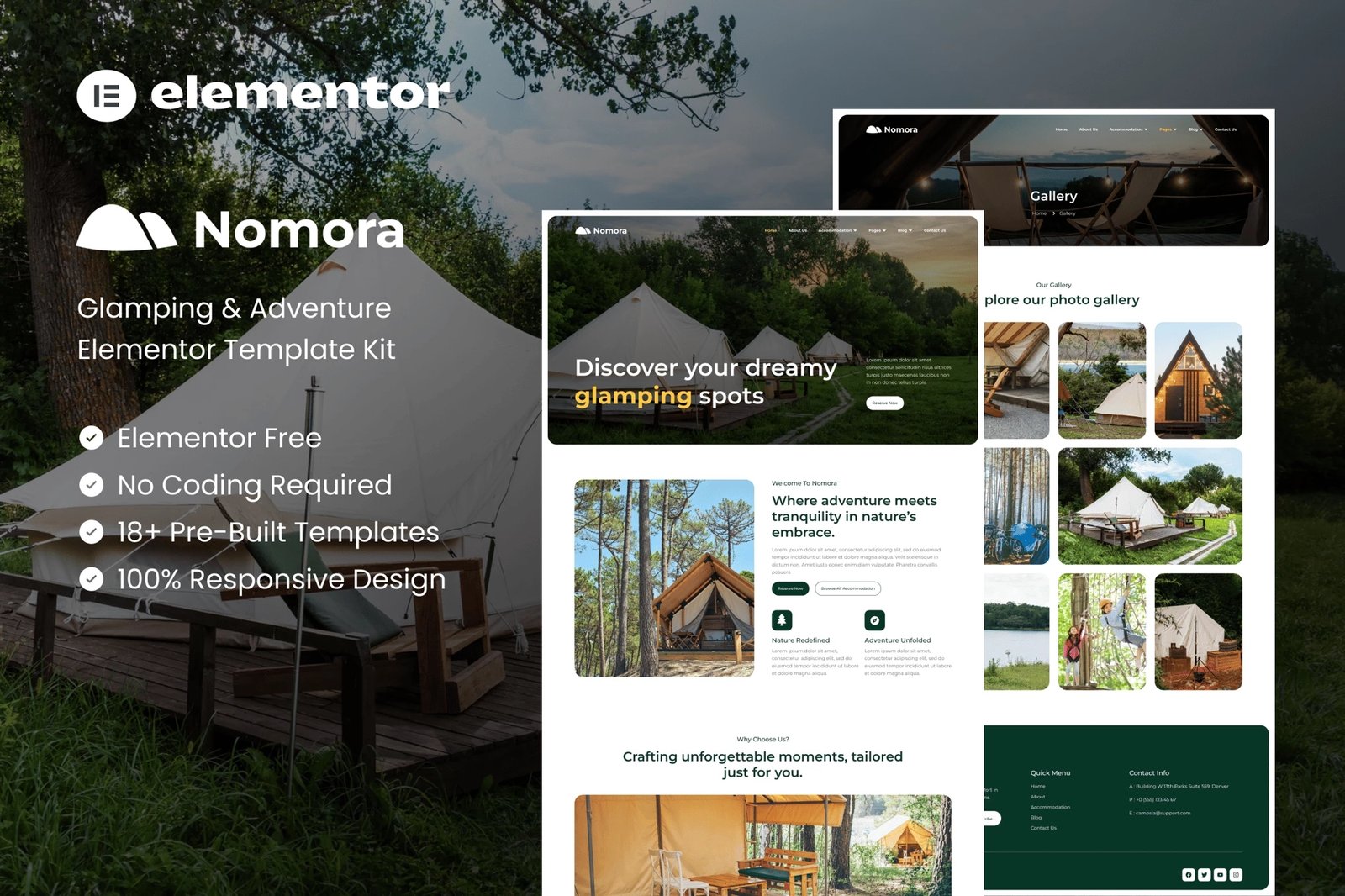 Nomora - Kit de plantillas Elementor para glamping y aventuras