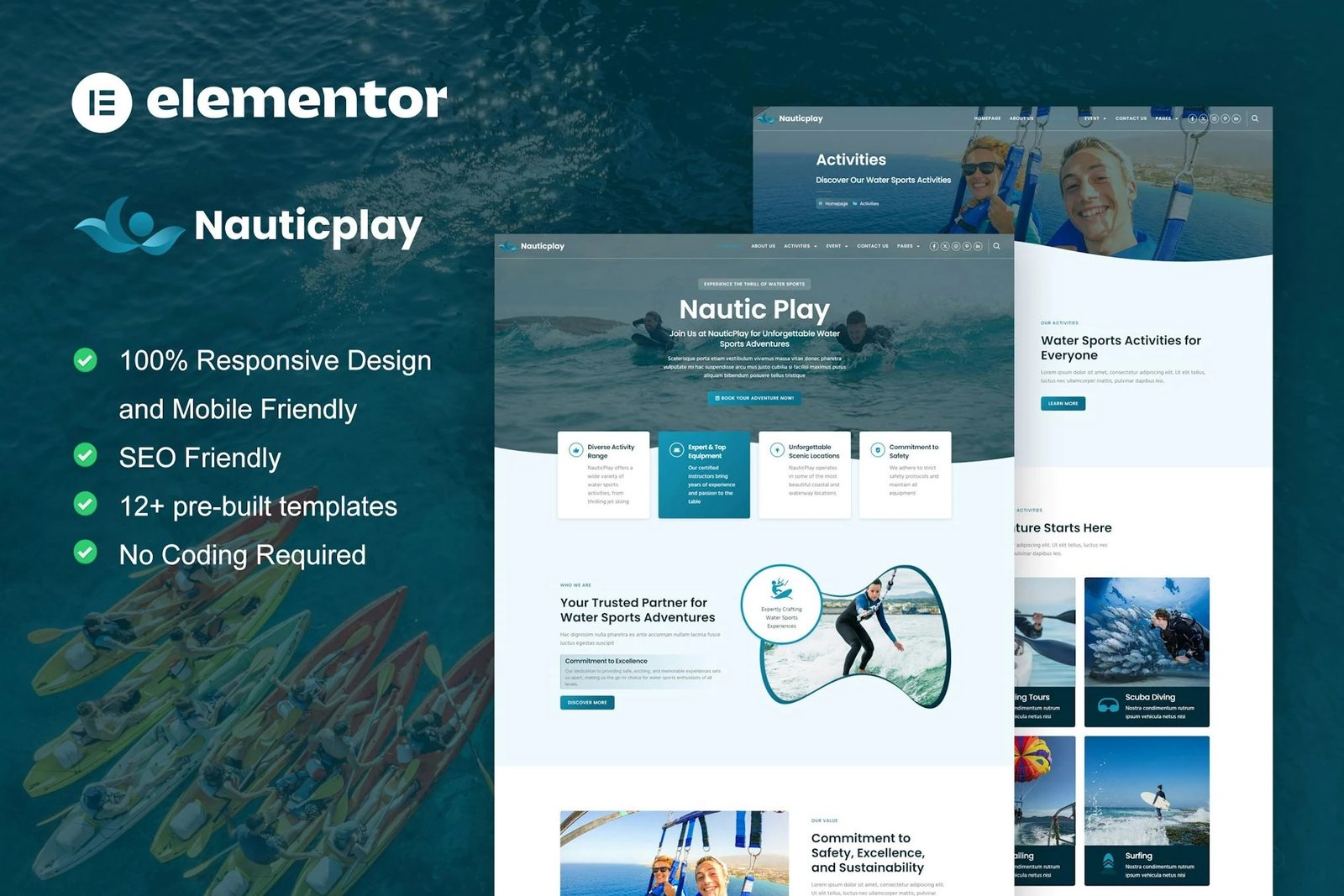 NauticPlay - Kit de plantillas Elementor Pro para deportes acuáticos y surf