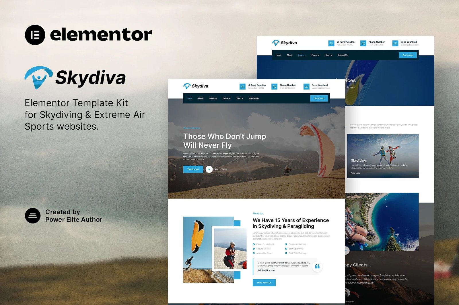 Skydiva - Template Kit Elementor para paracaidismo y deportes aéreos extremos