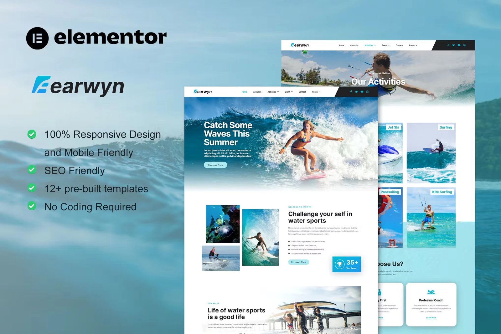 Earwyn - Template Kit profesional Elementor para deportes acuáticos y surf