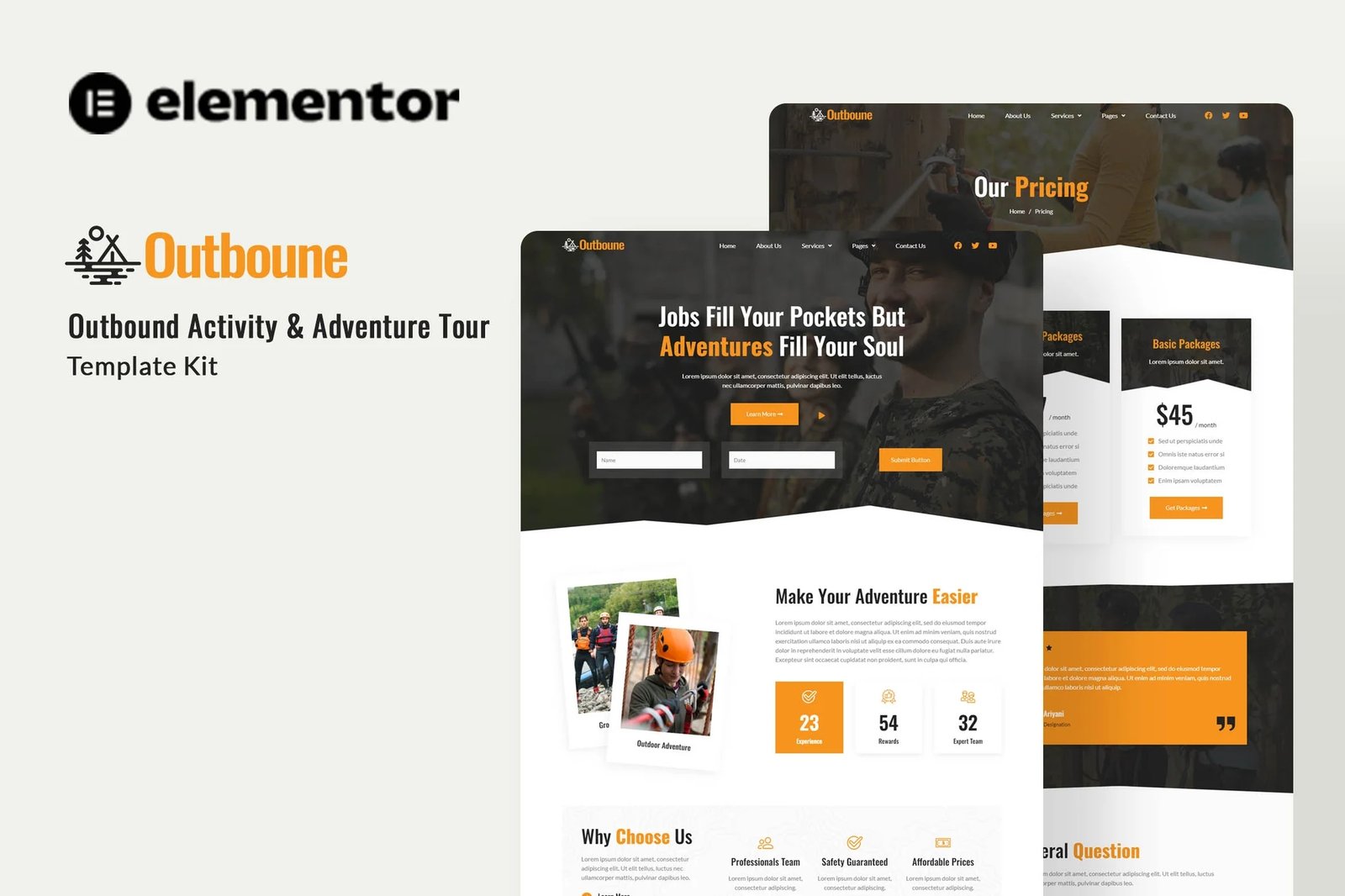 Outbone - Template Kit Elementor para viajes de aventura y actividad de Outbond
