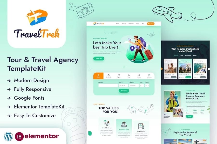 Travel Trek - Template Kit Elementor para Agencia de viajes y viajes
