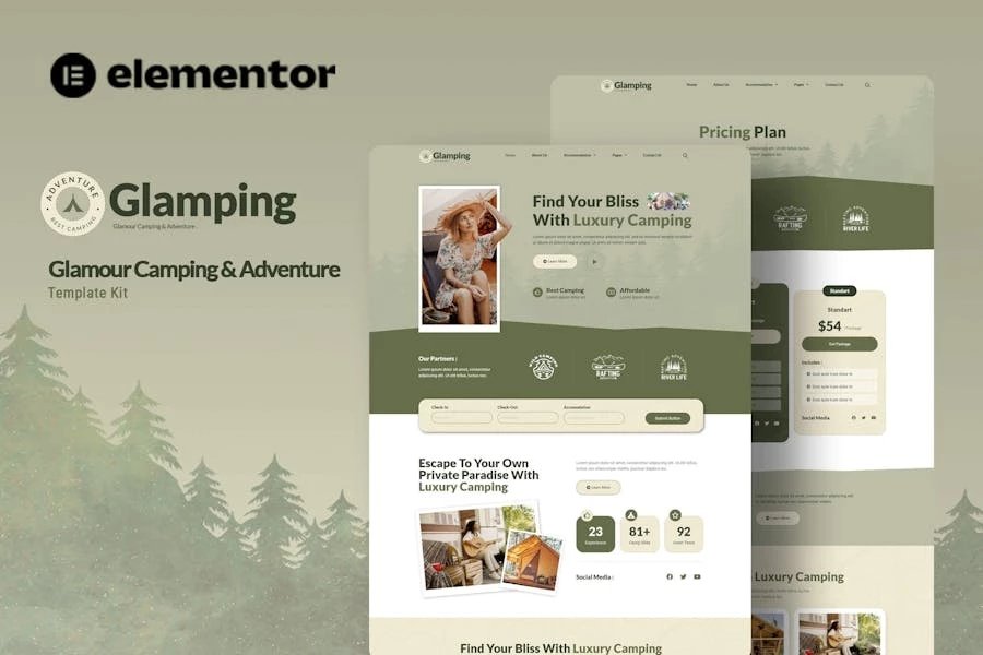 Glamping - Kit de plantillas Elementor para acampar y aventuras de Glamping