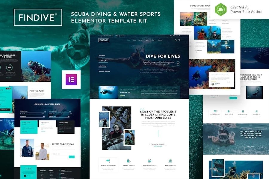 Findive Kit de plantillas Elementor para buceo y deportes acuáticos