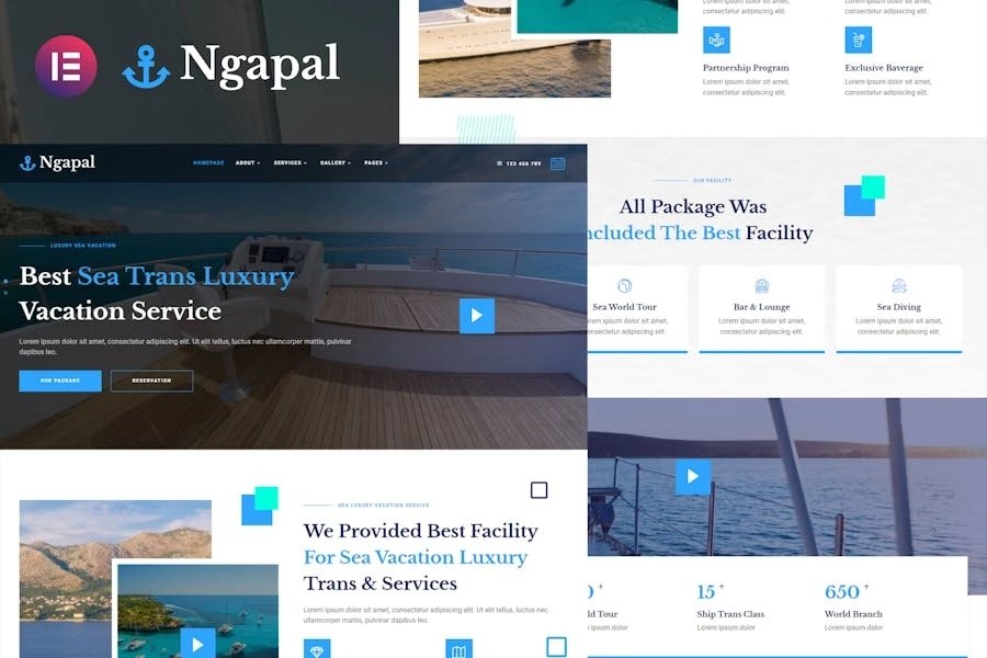 Ngapal - Template Kit Elementor de servicios vacacionales de yates de lujo en el mar