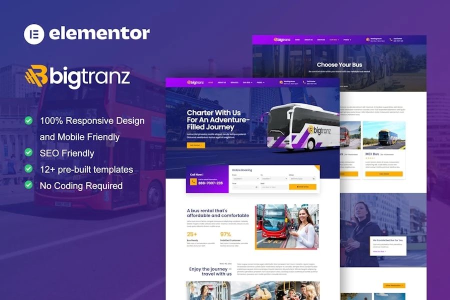 BigTranz - Template Kit Elementor para servicios de alquiler y alquiler de autobuses