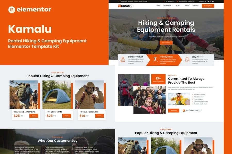Kamalu - Kit de plantillas Elementor Pro para alquiler de equipos de senderismo y acampada