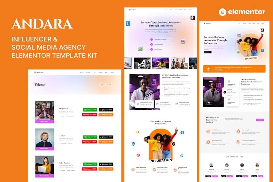Andara - Plantilla de agencia de influencers y redes sociales Elementor