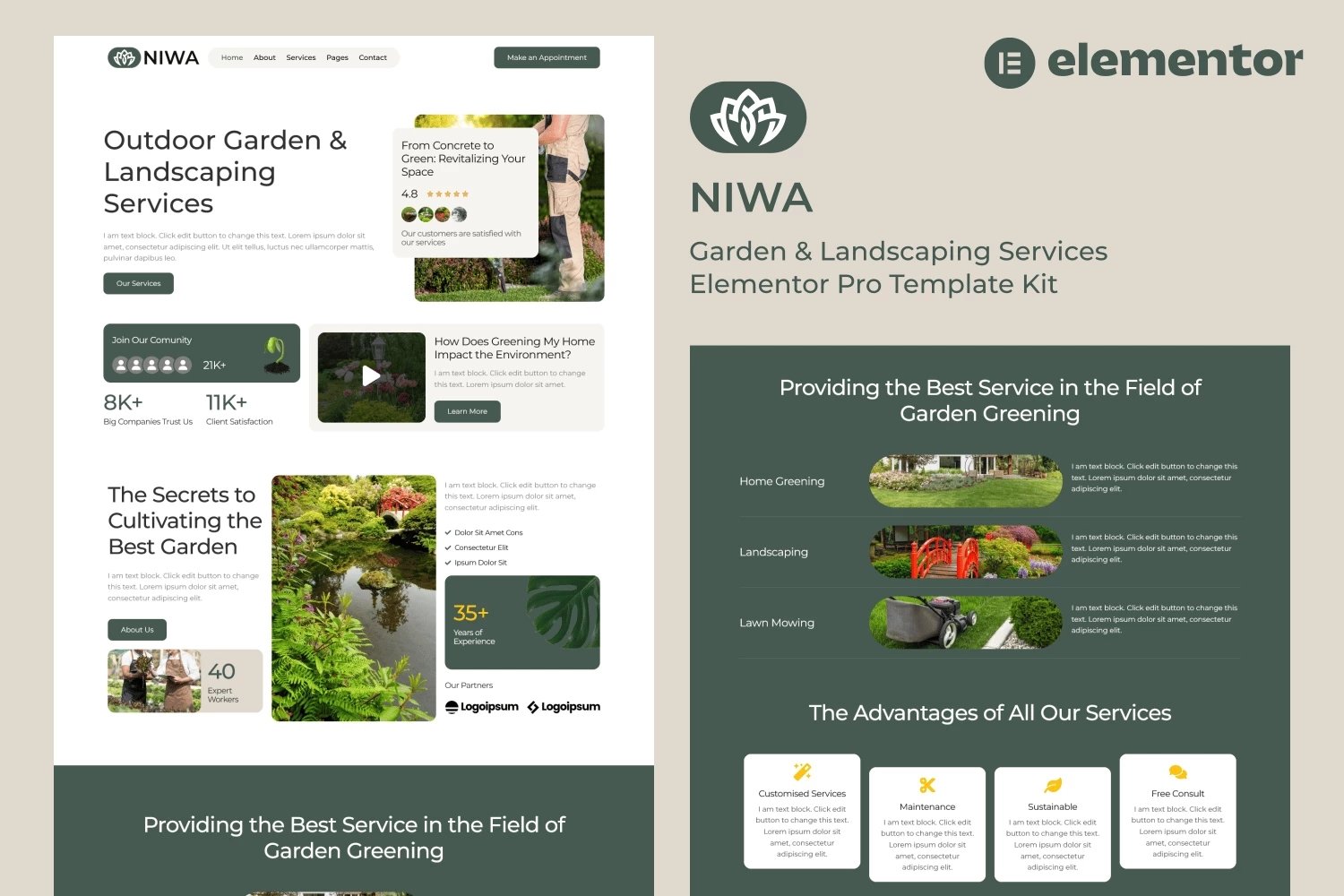 Niwa - Kit de plantillas Elementor Pro para servicios de jardinería y paisajismo