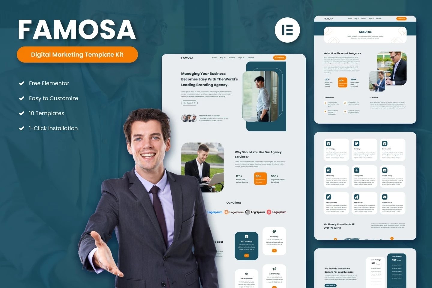 Famosa - Kit de plantillas Elementor para agencia de marketing digital