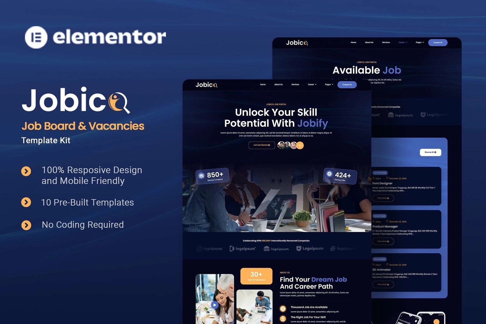 Jobico - Kit de plantillas Elementor para bolsas de trabajo y vacantes