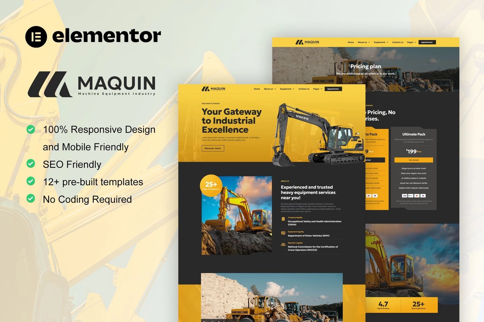 Maquin - Kit de plantillas Elementor Pro para alquiler de equipos de construcción
