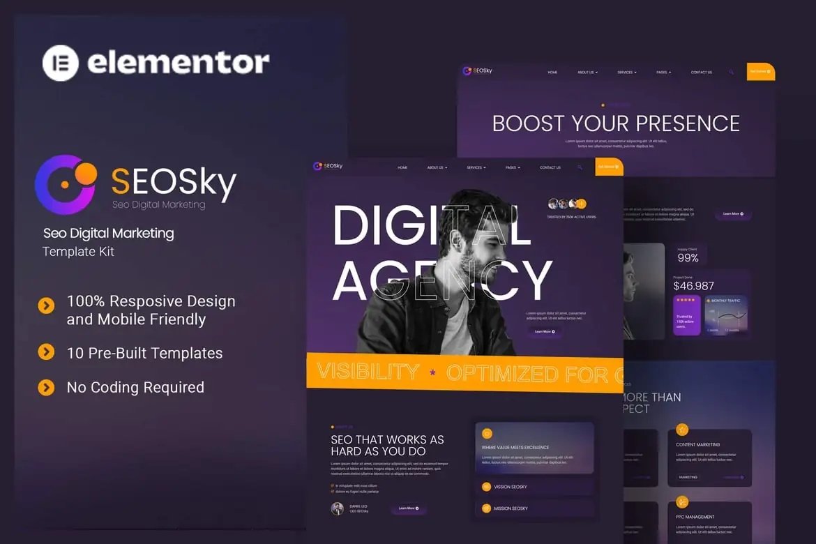 Seosky - Kit de plantillas Elementor de marketing digital para SEO