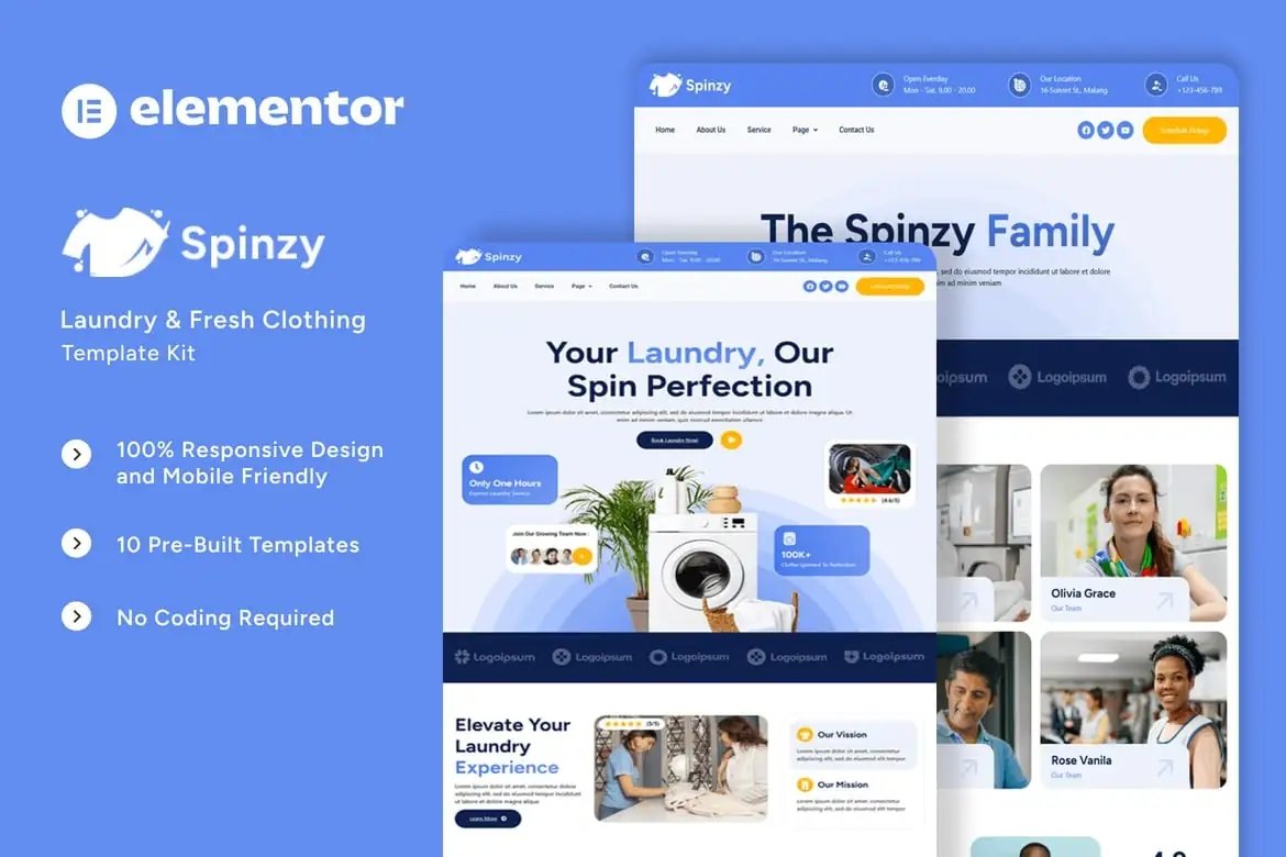Spinzy - Kit de plantillas Elementor para lavandería y ropa fresca