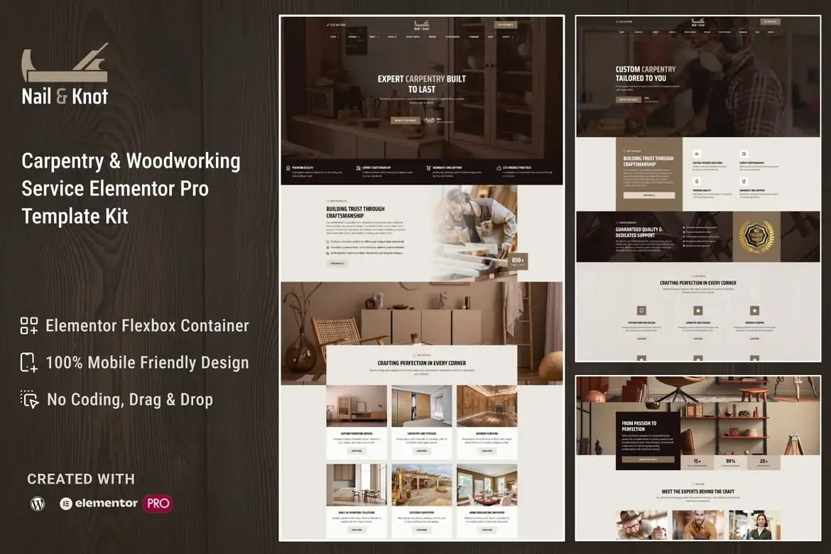 NailKnot - Kit de plantillas Elementor Pro para servicio de carpintería y carpintería