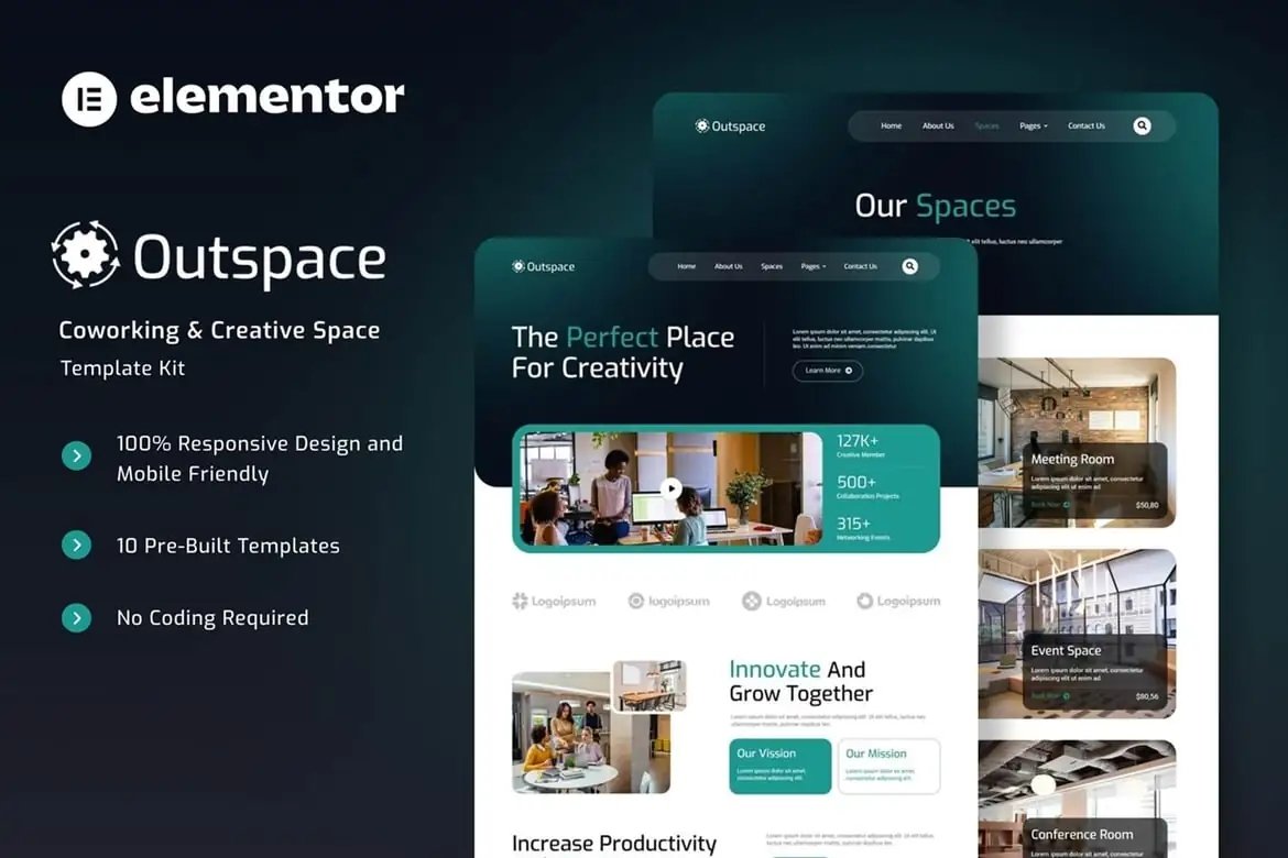Outspace - Kit de plantillas Elementor para espacios creativos y de coworking