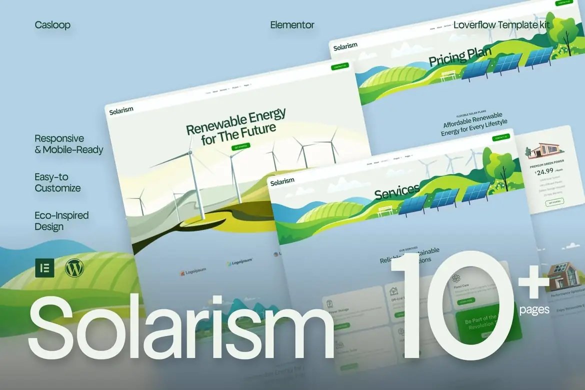 Solarism Kit de plantillas Elementor para negocios y servicios de energía verde