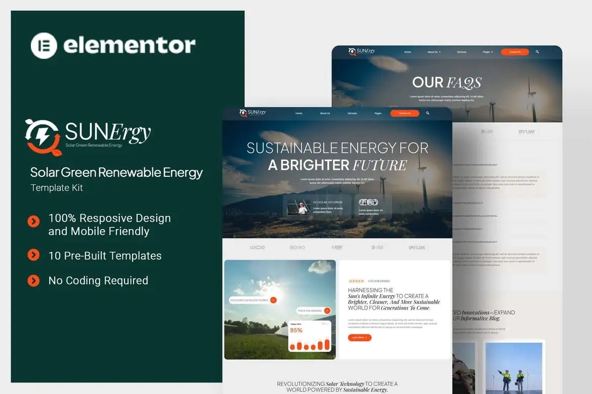 Sunergy - Kit de plantillas Elementor para energía renovable, verde y solar